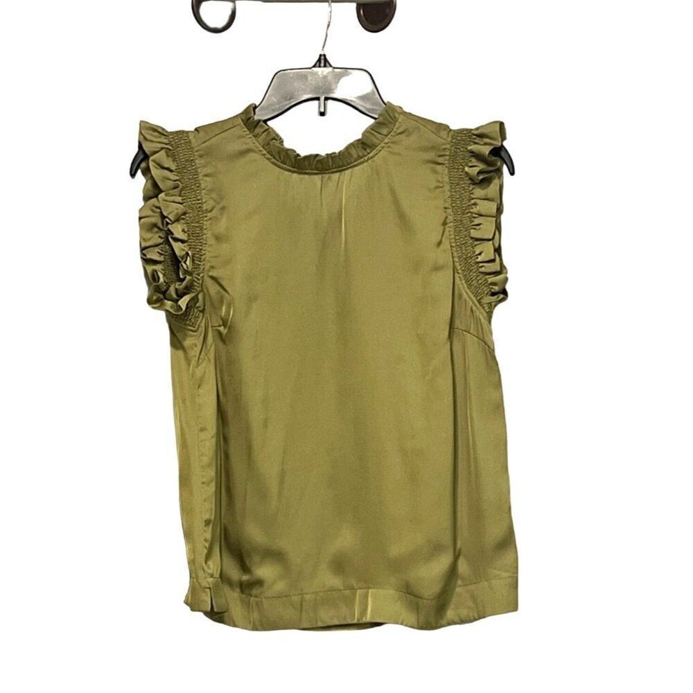 T Tahari Women’s Ruffle Trim Sleeveless Satin Blouse, Olive Green, S - Picture 4 of 12